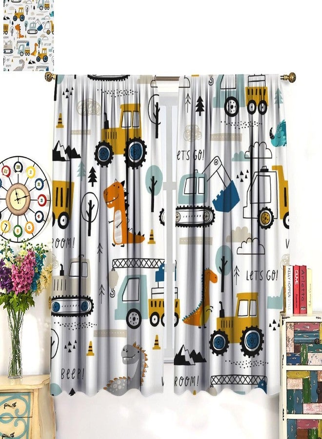 AAVEUP Kids Dinosaur Truck Curtains, Cartoon White Engineering Construction Truck Tractor Excavator Window Treatments Drapes for Boys Nursery Childcare Bedroom Bathroom 42x45in（No Blackout） - Image 5